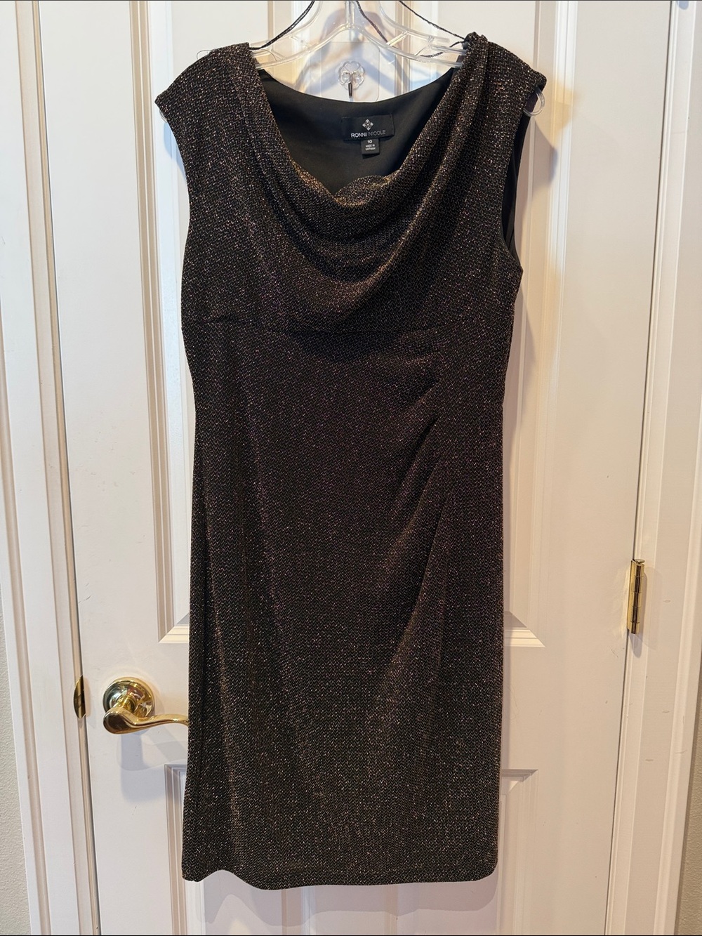 Ronni Nicole Black Metallic Sheath Dress with Cowl Neck